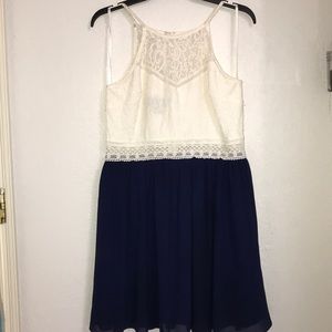 White lace/royal blue high neck flowy dress